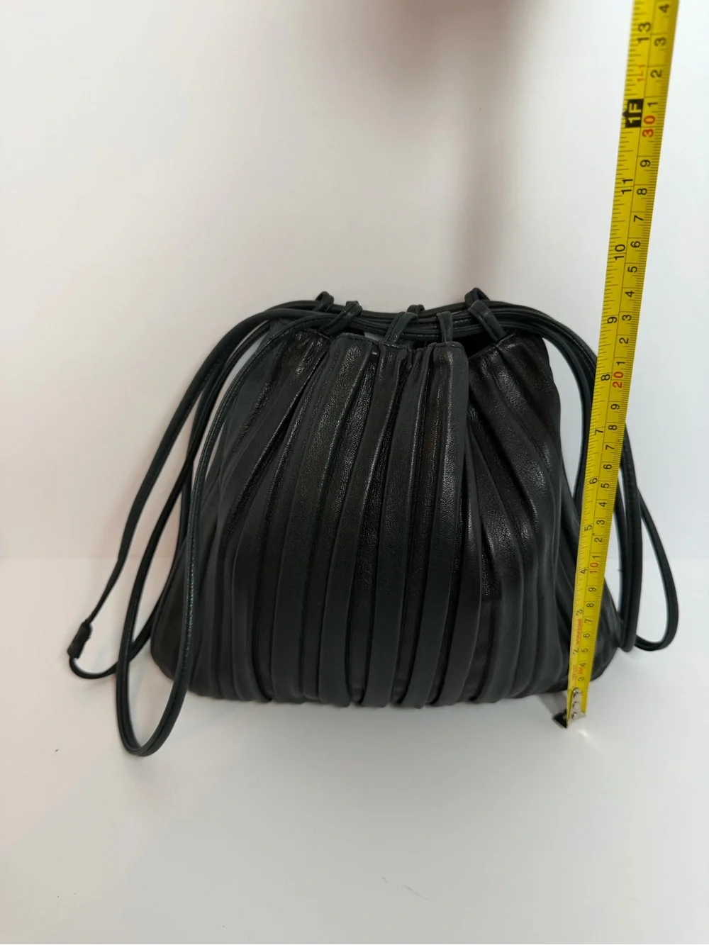 Giorgio Armani Drawstring Black Pleated Leather Bucket Bag